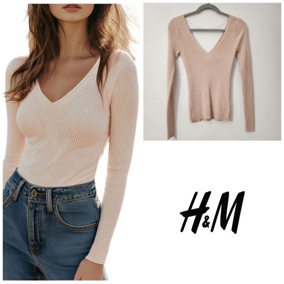 Cozy H&M Dusty Pink Ribbed Knit Sweater Minimalist V-Neck Soft & Stretchy Small - Picture 1 of 11